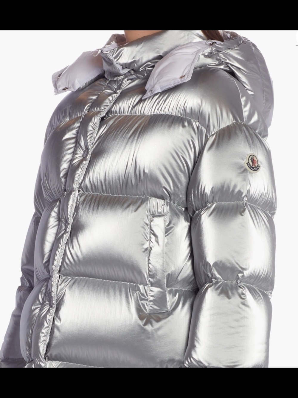 Moncler Metallic Silver Hooded Puffer Coat